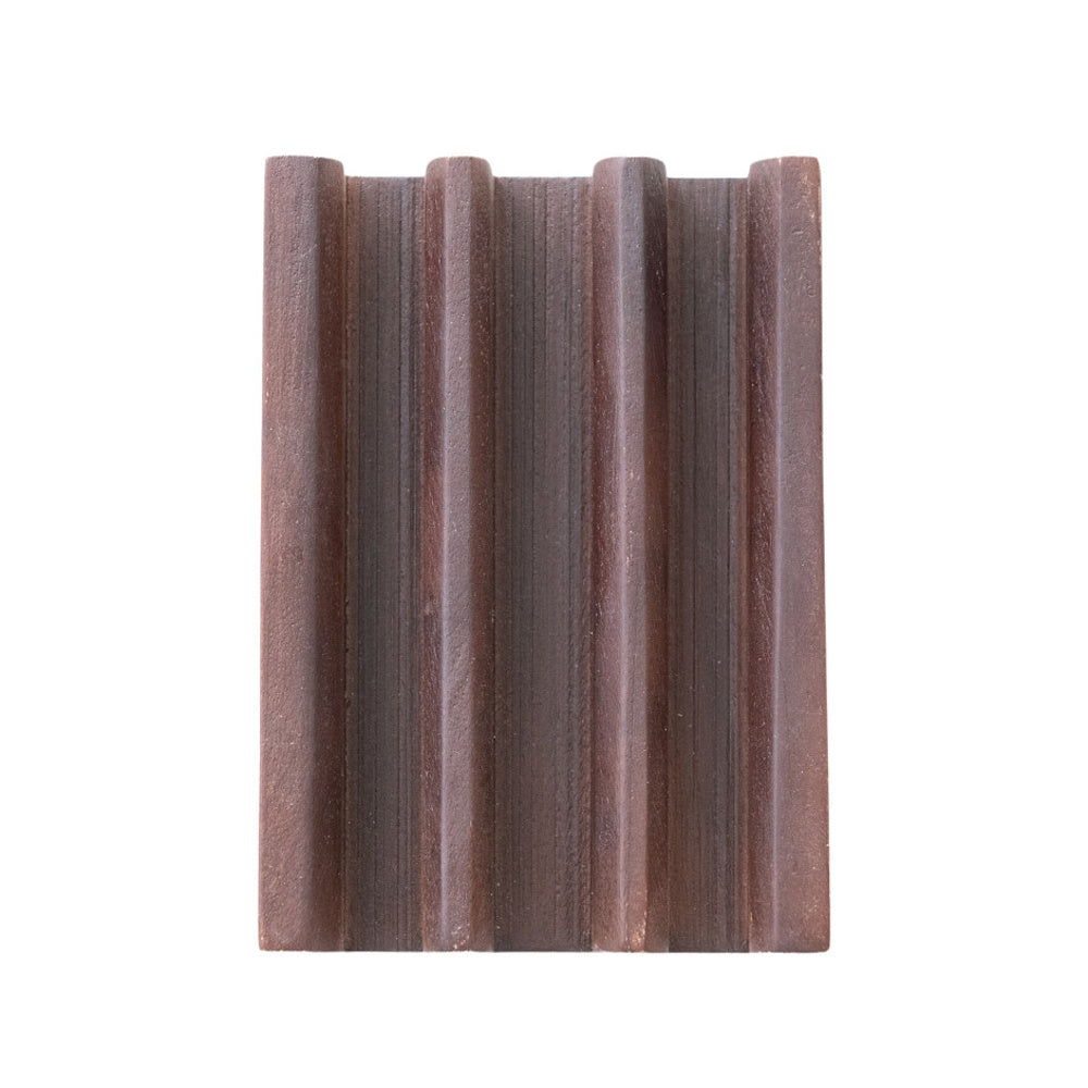 Top-down view of a dark brown mango wood stand featuring a ribbed design with three grooved sections.