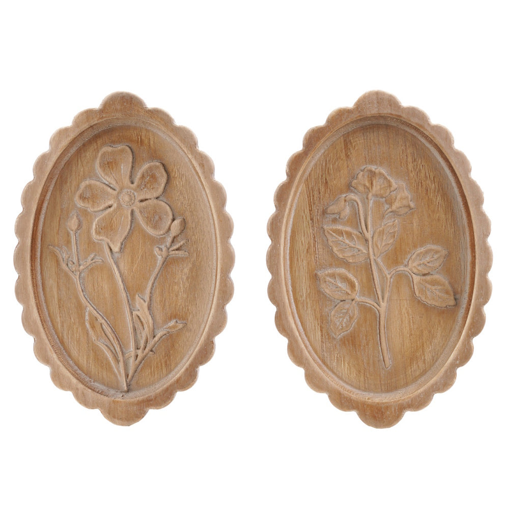 Set of two oval natural wood scalloped wall decors with carved floral details.