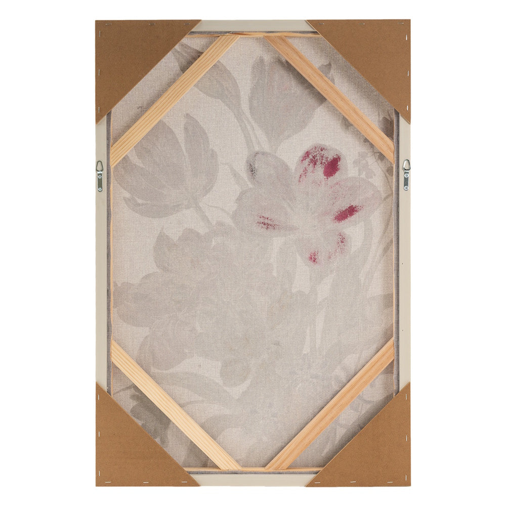 Back view of a stretched floral canvas art piece showing the wooden frame, hanging hardware, and corner protectors.