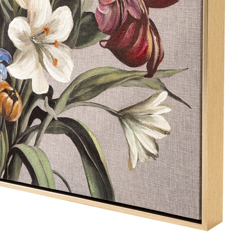 Floral canvas wall art featuring painted white and burgundy flowers in a gold frame against a gray background.