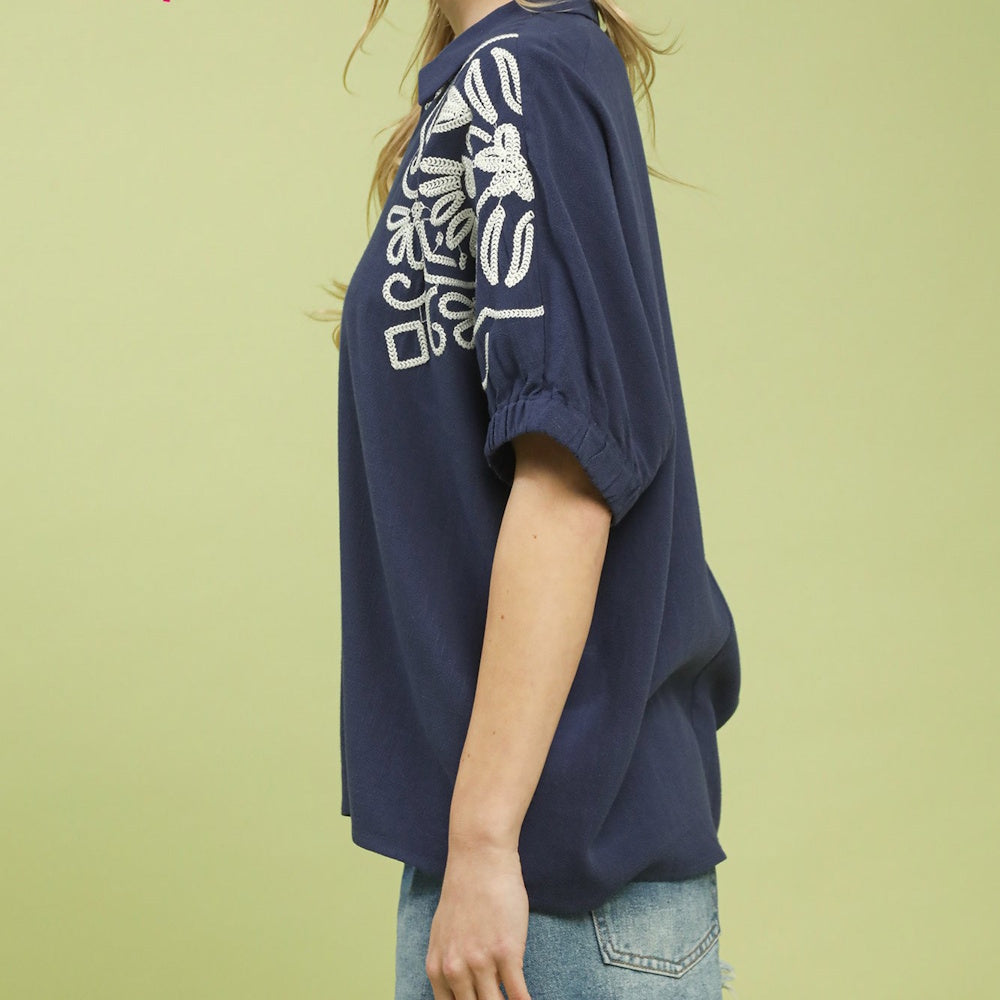 Navy Embroidered V-Neck Open Point Collared Dolman Top — alternate view 5