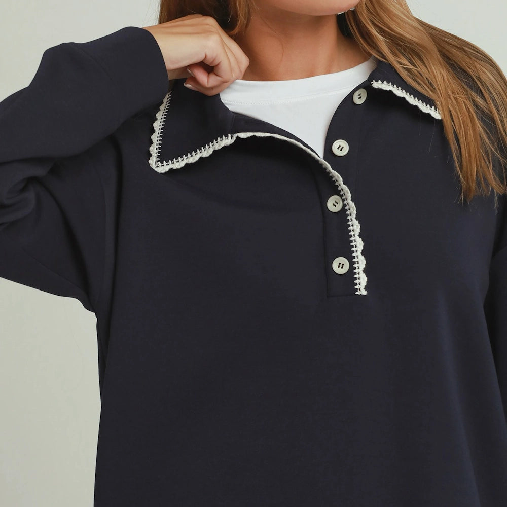 Navy LuxeCotton Long Sleeve Collared Pullover — alternate view 3