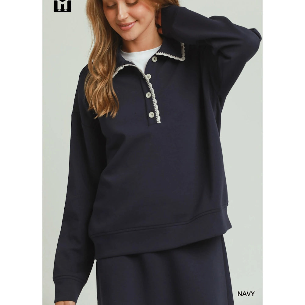 Navy LuxeCotton Long Sleeve Collared Pullover — alternate view 4