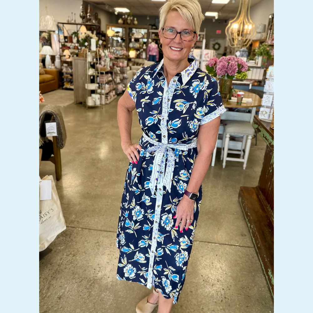 Navy Mix Floral Button-Front Midi Dress with Tie Belt — alternate view 3