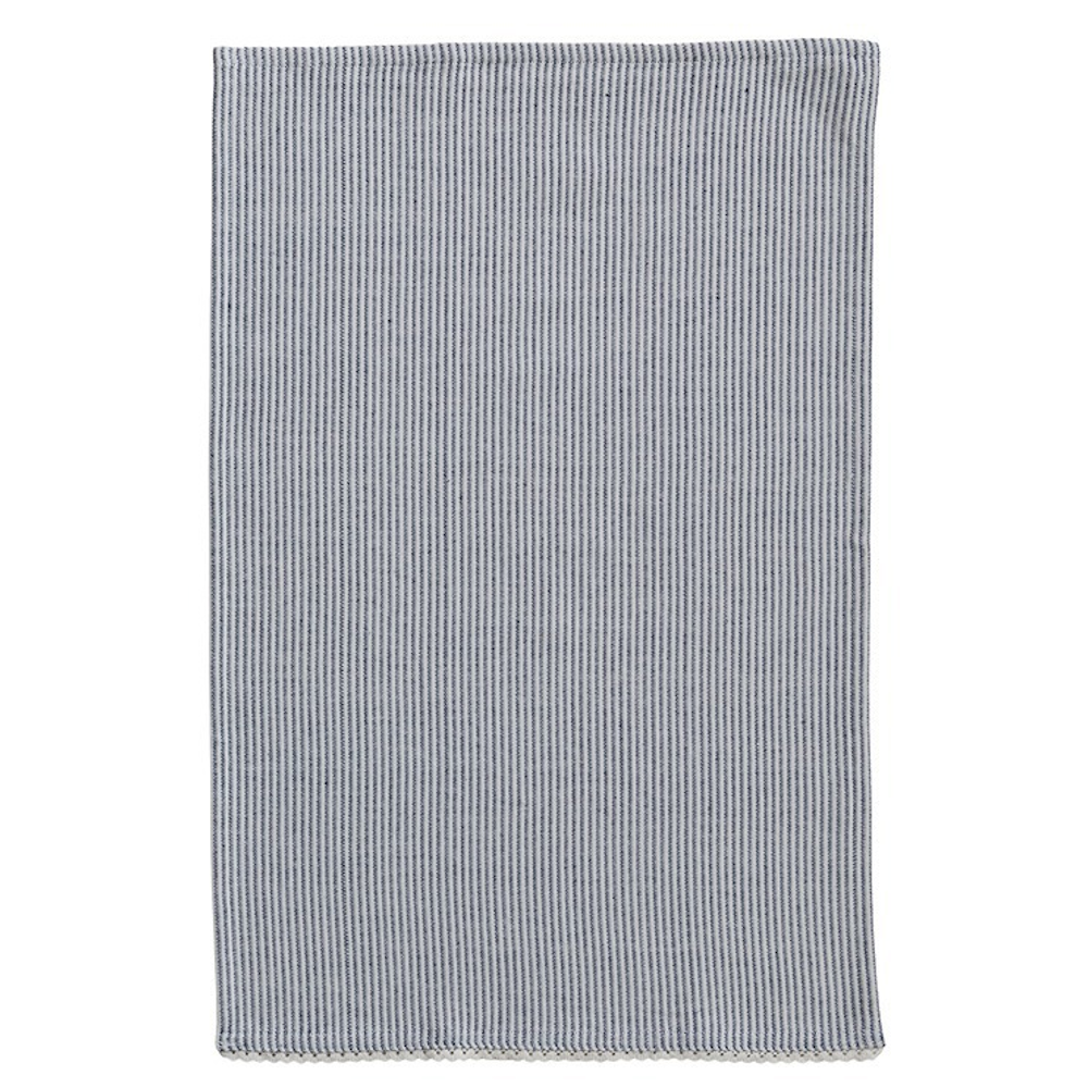 Rectangular navy and white fine-striped woven cotton kitchen towel laid flat against a white background.