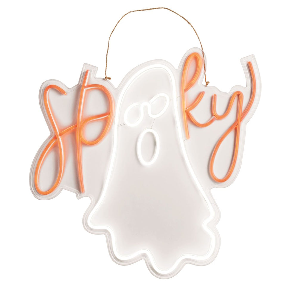 A Halloween door hanger shaped like a ghost with orange neon-style script that reads "Spooky."