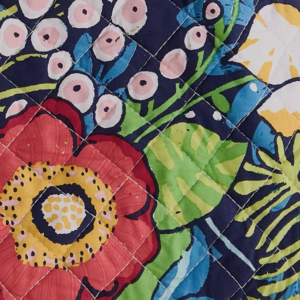Quilted floral fabric featuring red, yellow, and pink flowers with green leaves on a dark navy blue background.