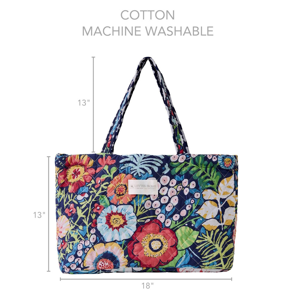Floral quilted cotton tote bag, 18x13 inches, machine washable.