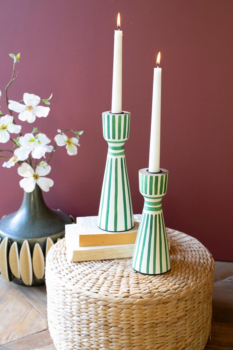 Green Hand-Painted Wooden Taper Candle Holders Set of 2