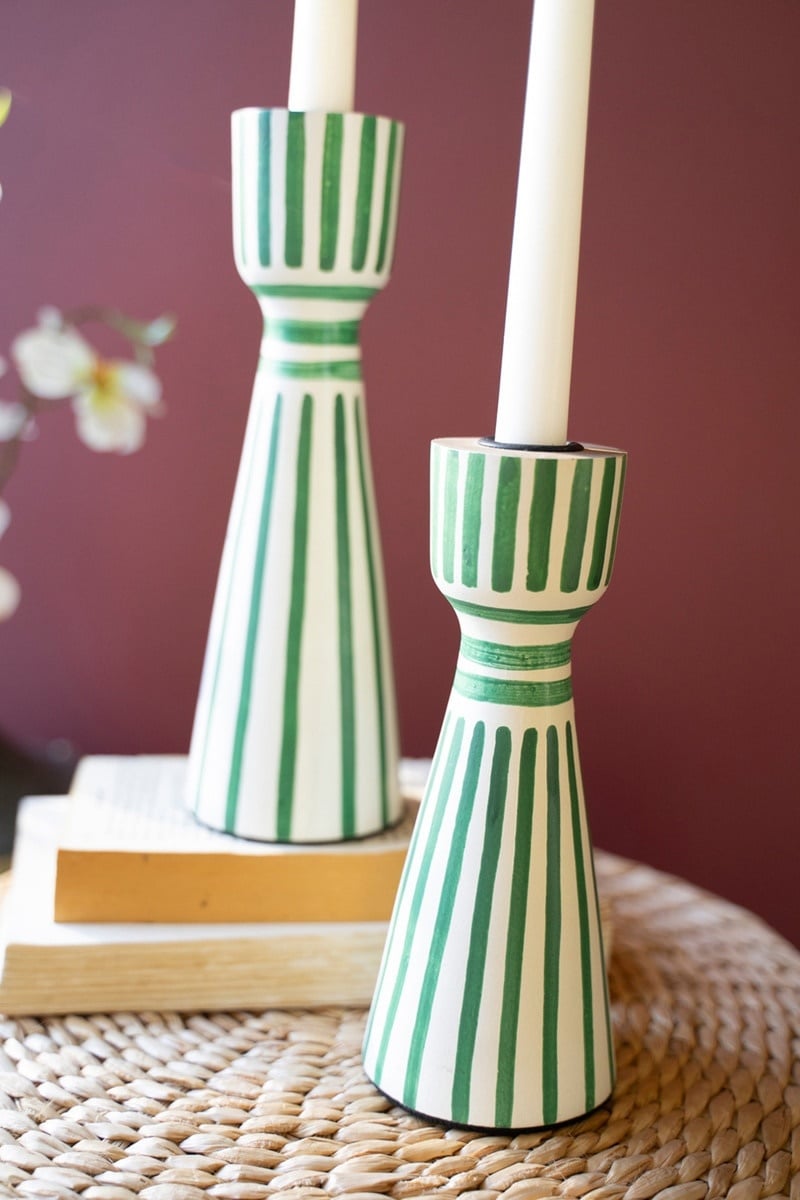 Green Hand-Painted Wooden Taper Candle Holders Set of 2 — alternate view 2
