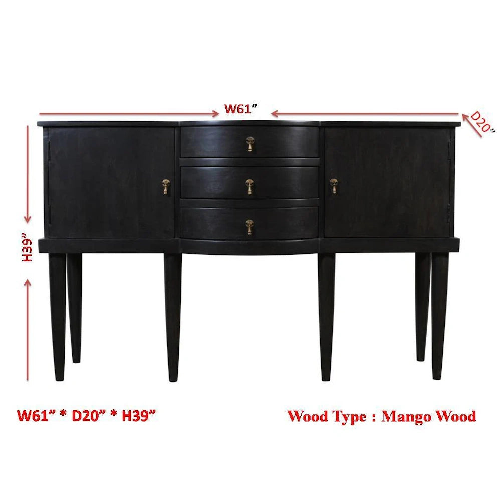 Black mango wood sideboard cabinet, 61 x 20 x 39 inches, with curved drawers, doors and tapered legs.