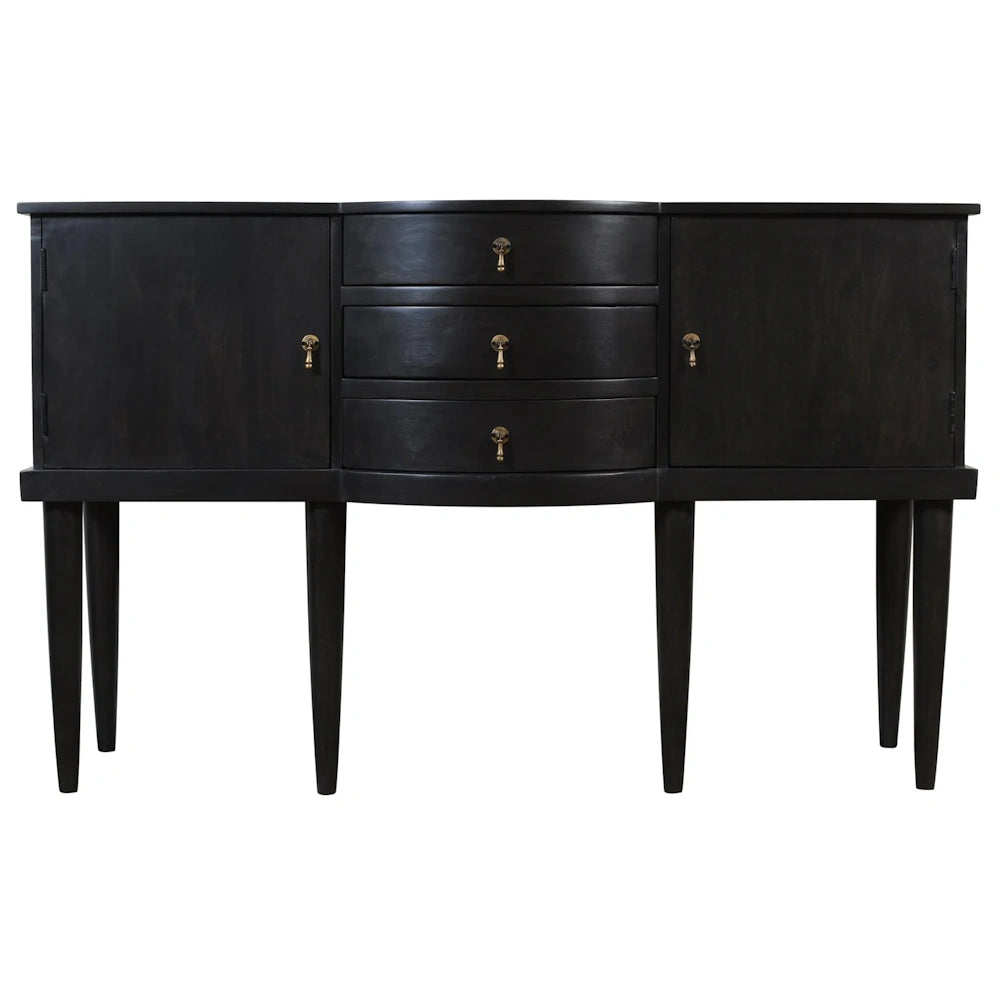 Black wood sideboard cabinet with three drawers, two doors, brass pulls and tapered legs in modern style.