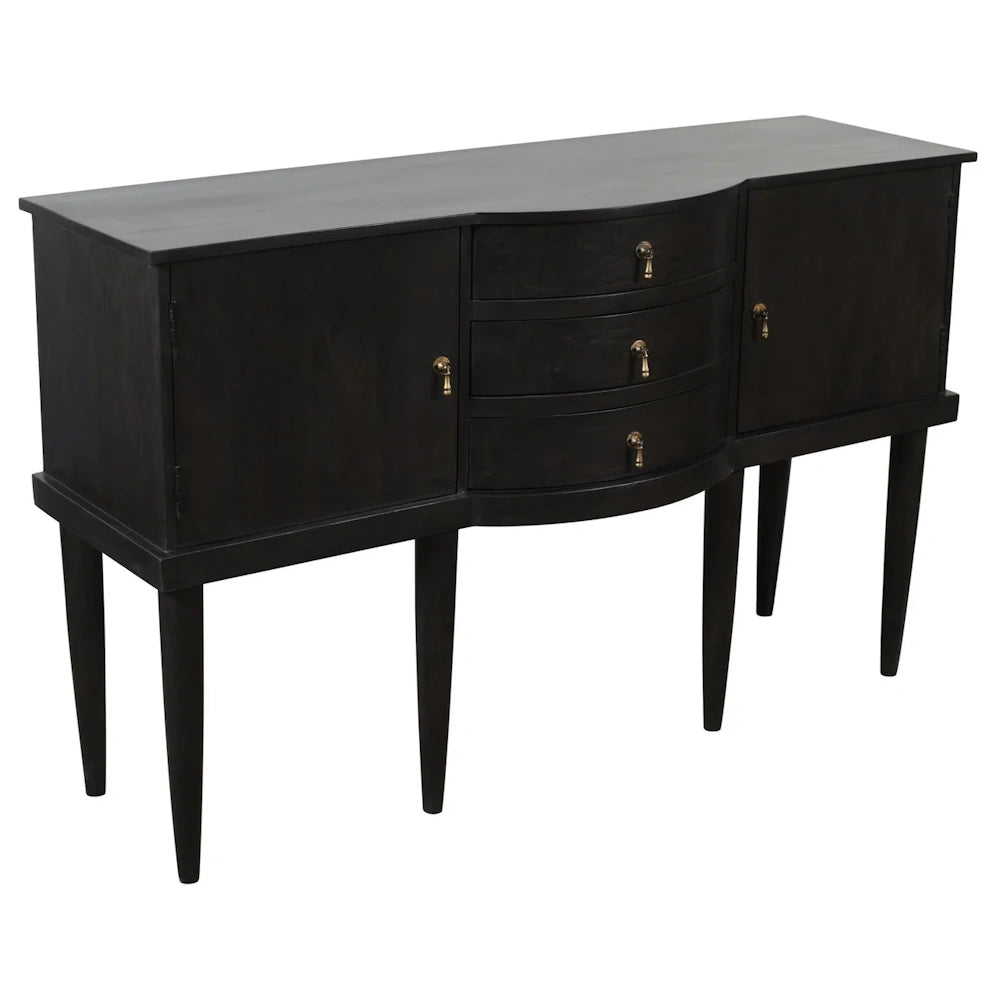 Black wood console sideboard with curved center drawers, cabinet doors and tapered mid century style legs.