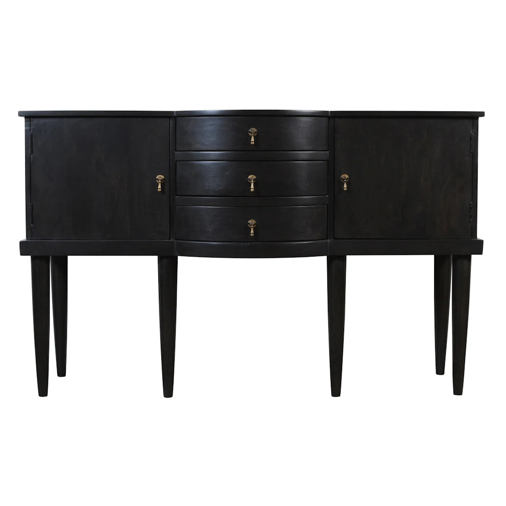 Black wood sideboard console cabinet with three center drawers, two doors and tapered legs.