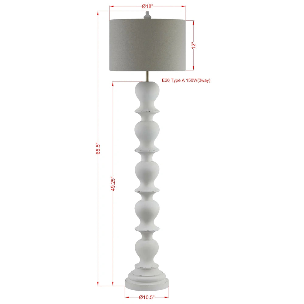 Floor lamp dimension diagram showing a white turned base, gray drum shade and overall measurements dimensions.
