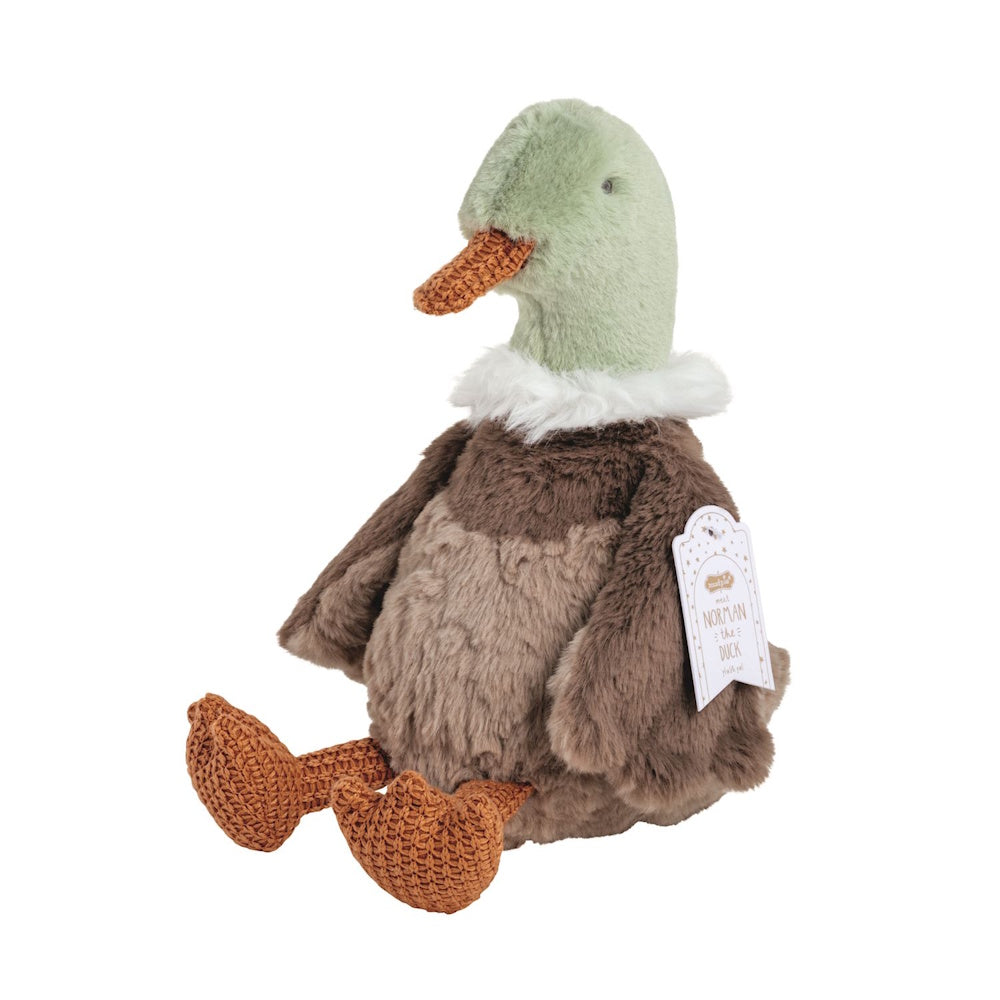 Plush mallard duck stuffed animal with green head, brown body, and orange knit beak and feet on white background.