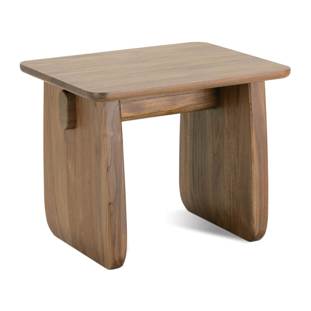 Modern walnut end table with rounded rectangular top, sculptural panel legs and clean contemporary design.