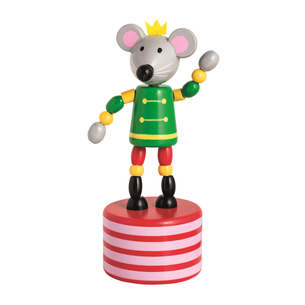 Colorful wooden Mouse King press-up toy in a green nutcracker uniform, standing on a red and pink striped base.