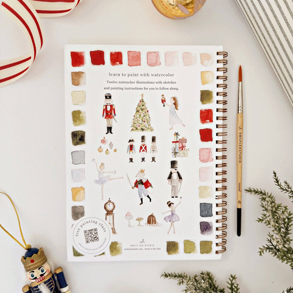 Back cover of a Nutcracker watercolor workbook showing illustrations, color swatches, and paintbrush.