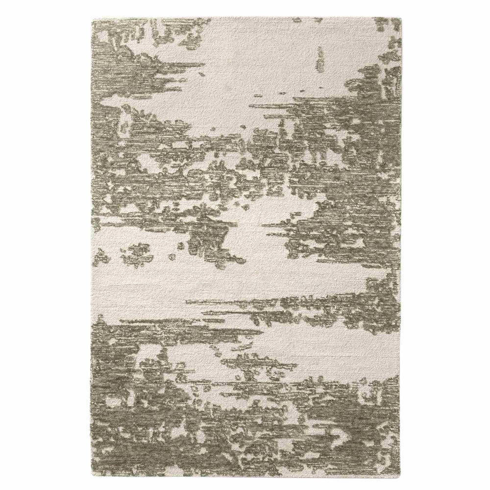 Hand-tufted sage green and ivory area rug with an abstract, distressed watercolor pattern.