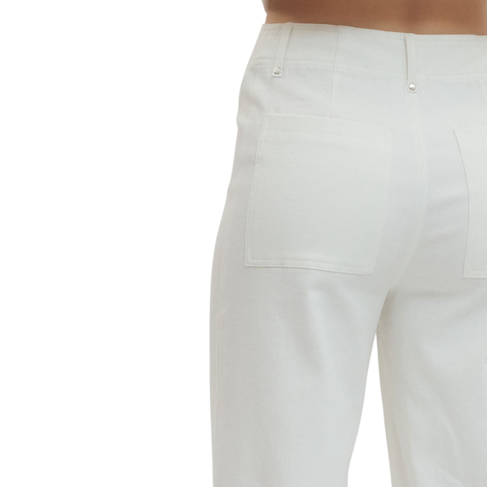 Close-up back view of a person wearing off-white, high-rise, wide-leg pants with large patch pockets.
