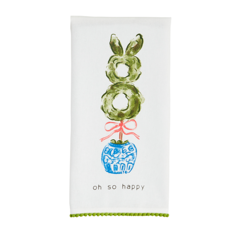White tea towel featuring a bunny topiary in a blue pot with the text "oh so happy."