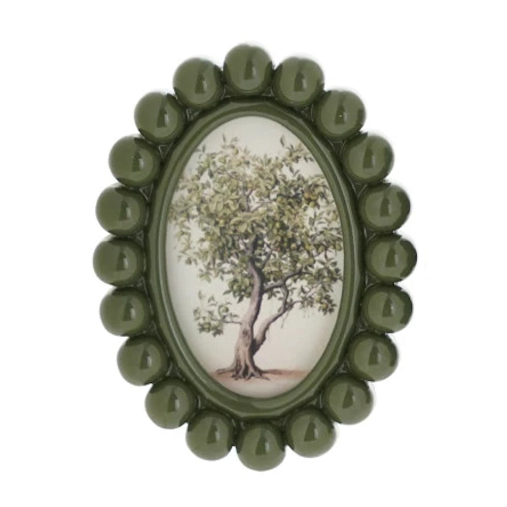 Olive green oval resin bobbin photo frame with a beaded border featuring a vintage-style tree illustration.