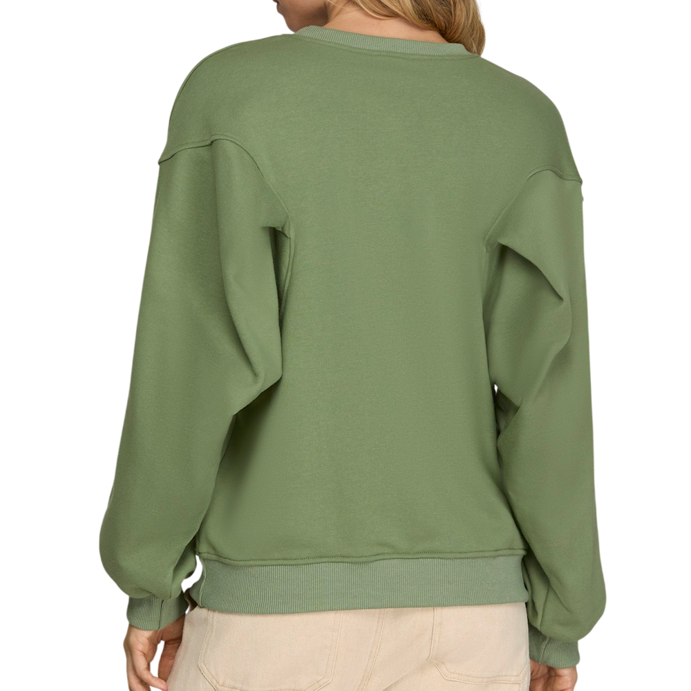 Back view of an olive green long-sleeve French terry knit sweatshirt with ribbed cuffs and hem.