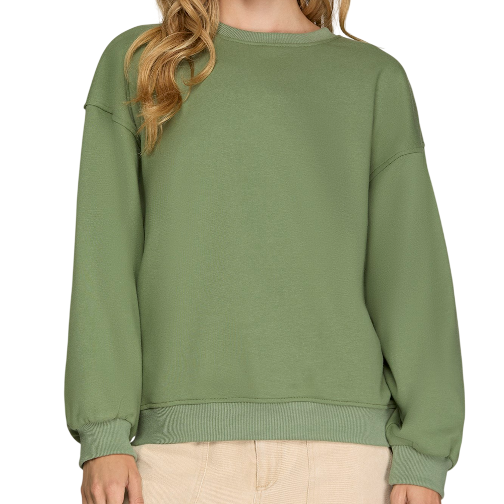 Olive green long sleeve French terry knit sweatshirt with a crew neck and ribbed cuffs and hem.