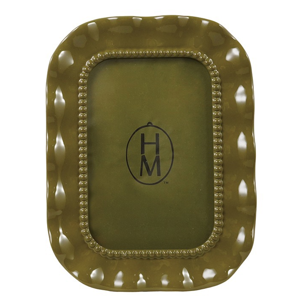 An olive green photo frame featuring a glossy, wavy outer border and a beaded inner trim around the insert area.