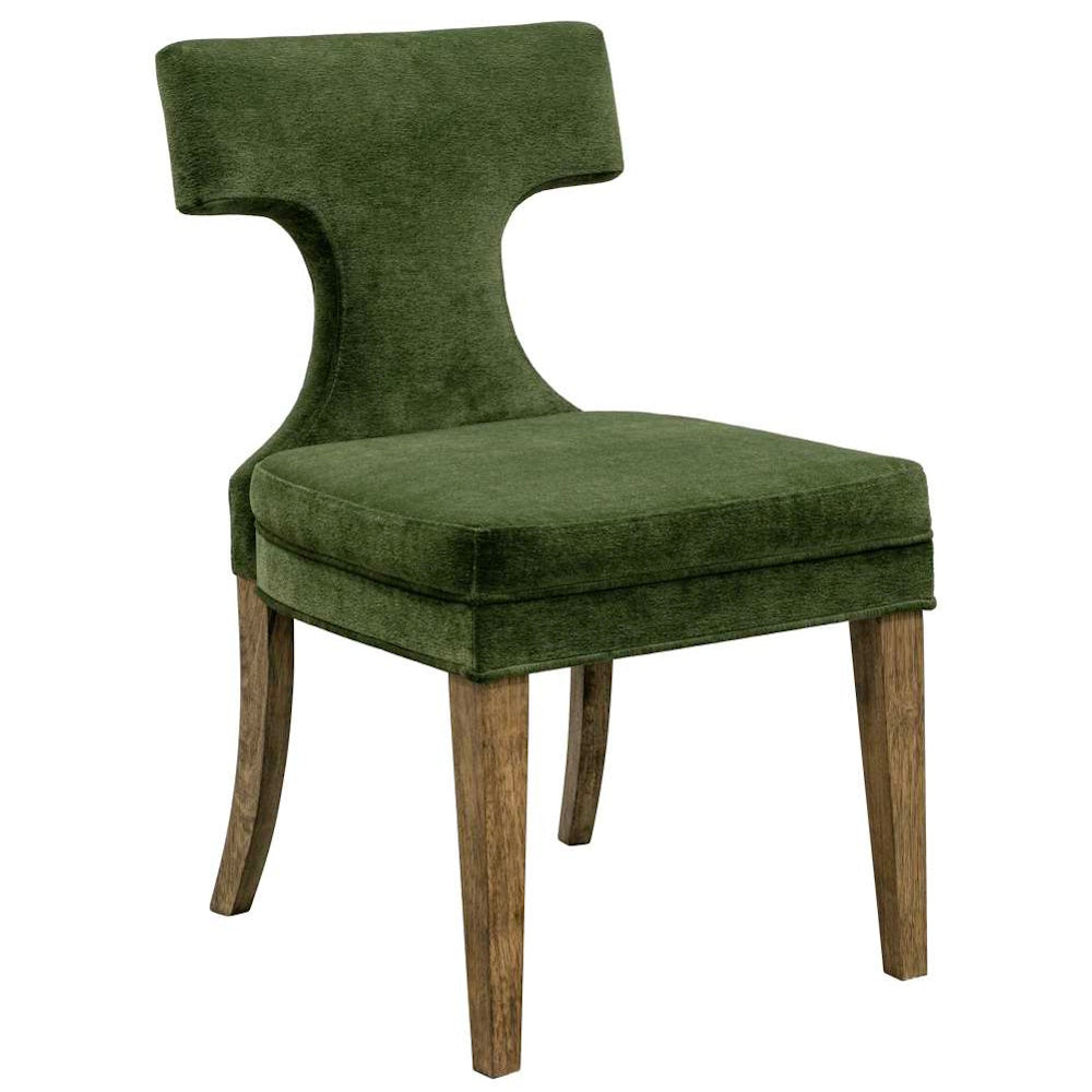 Mid-century modern dining chair featuring a unique olive green T-shaped backrest and textured fabric with wooden legs.