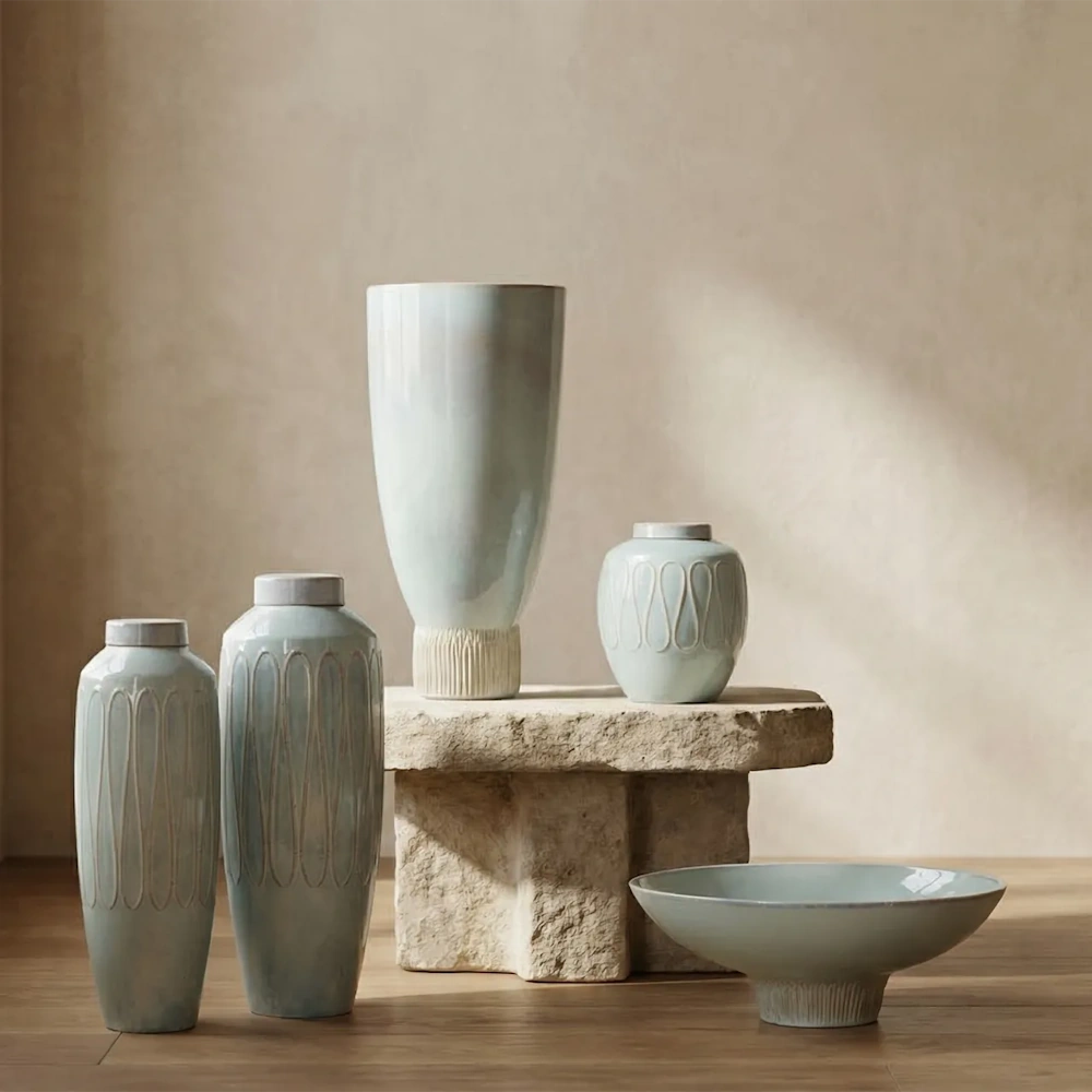 Light blue ceramic vases and a wide bowl displayed on a stone pediment against a beige background.