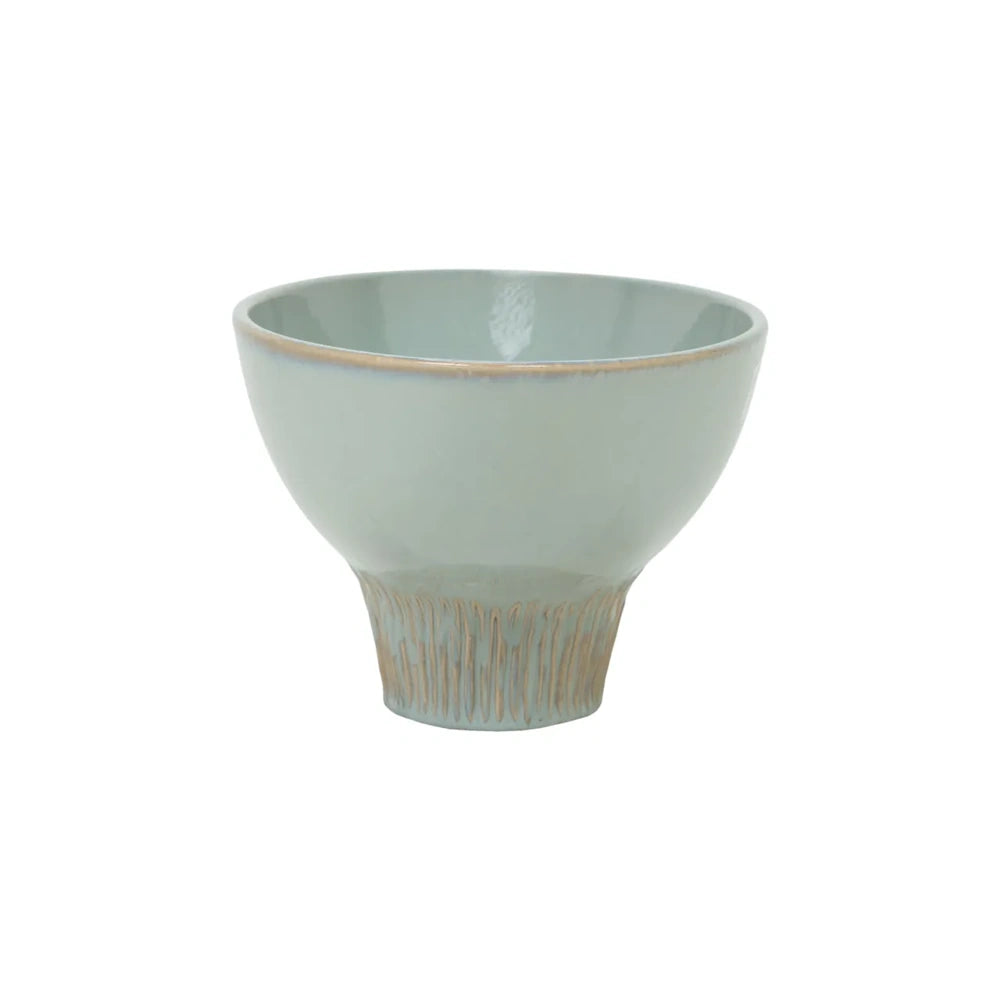 Side view of a light sage blue ceramic bowl featuring a brown rim and textured, grooved base details.