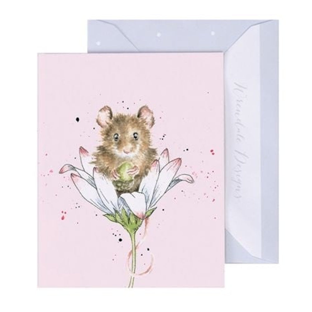 Watercolor illustration of a small brown mouse sitting inside a white daisy on a light pink gift enclosure card.