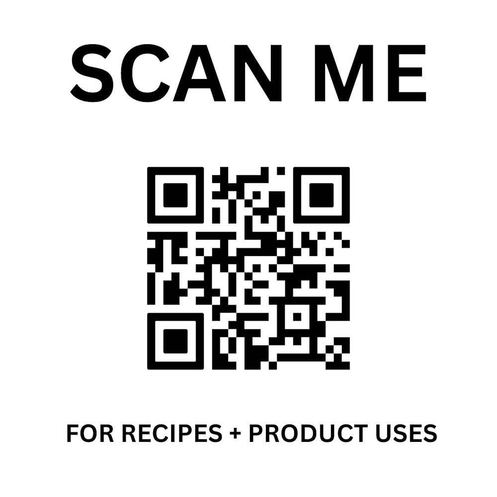 A QR code labeled "SCAN ME" on top and "FOR RECIPES + PRODUCT USES" below on a white background.