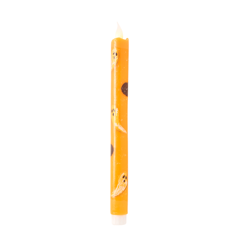 Orange Halloween LED taper candle decorated with spooky white ghosts and bats, featuring a glowing flame.