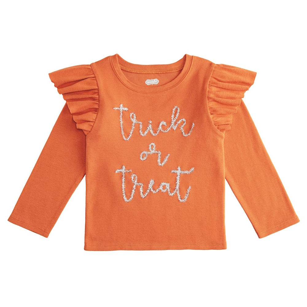 Orange ruffle-shoulder long sleeve shirt featuring silver tinsel "Trick or Treat" script.