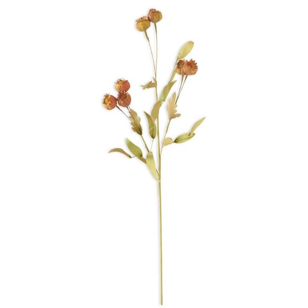 An artificial floral spray featuring orange pods and pale green leaves on a single slender stem.