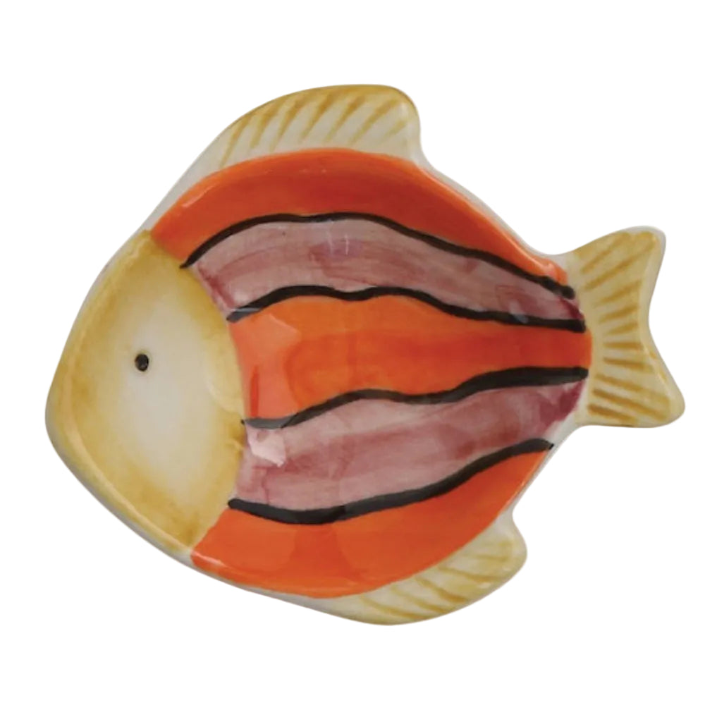 Hand-painted ceramic dish shaped like a tropical fish, featuring orange, red, and yellow stripes with dark lines.