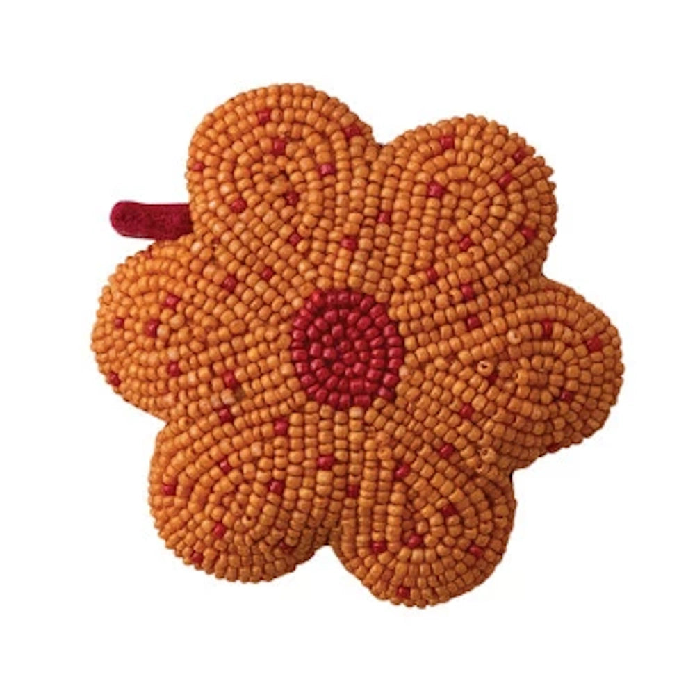 Handmade orange and red glass beaded flower-shaped retractable tape measure for sewing and crafts.