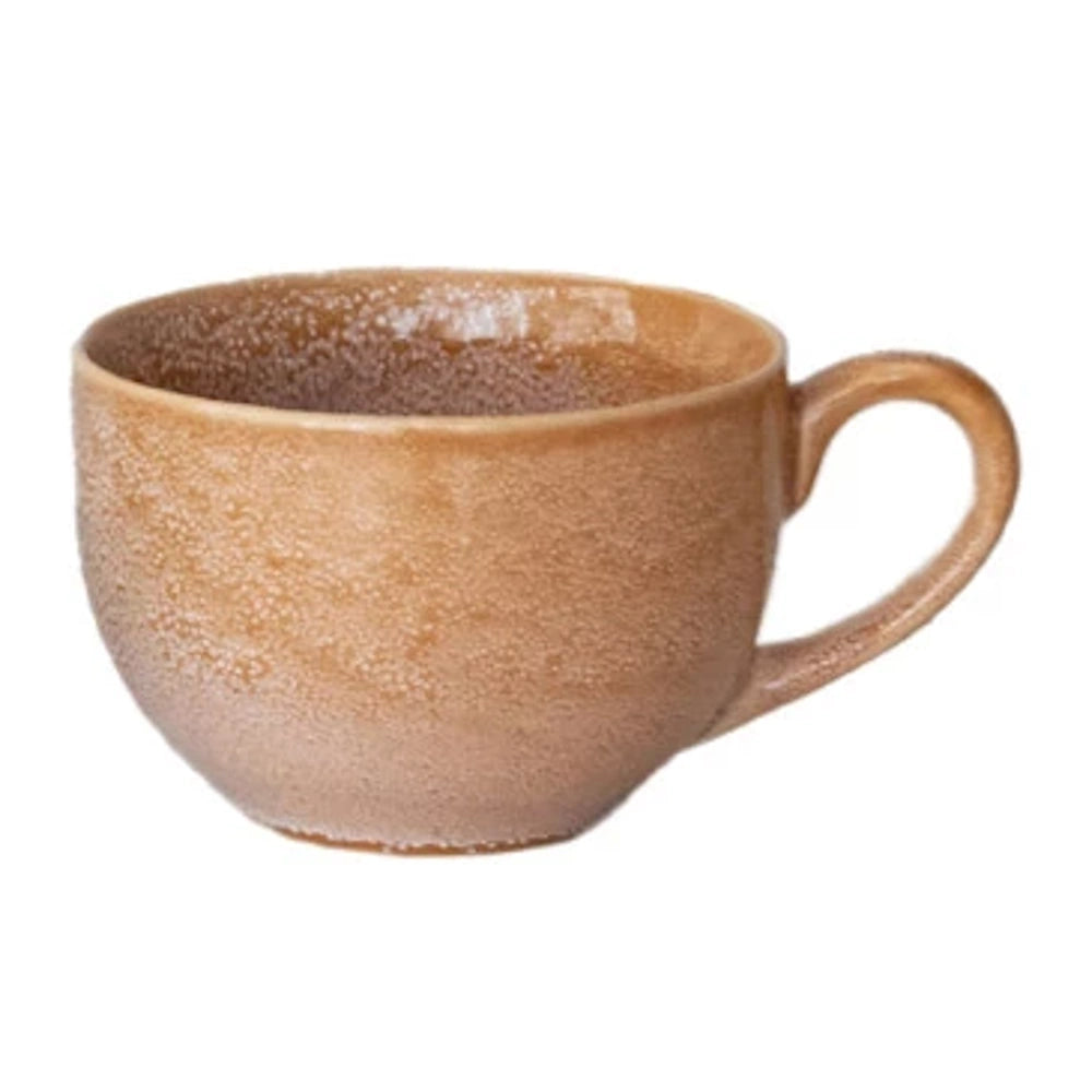 Rustic orange stoneware mug with textured speckled glaze and wide handle, ideal for coffee or soup.