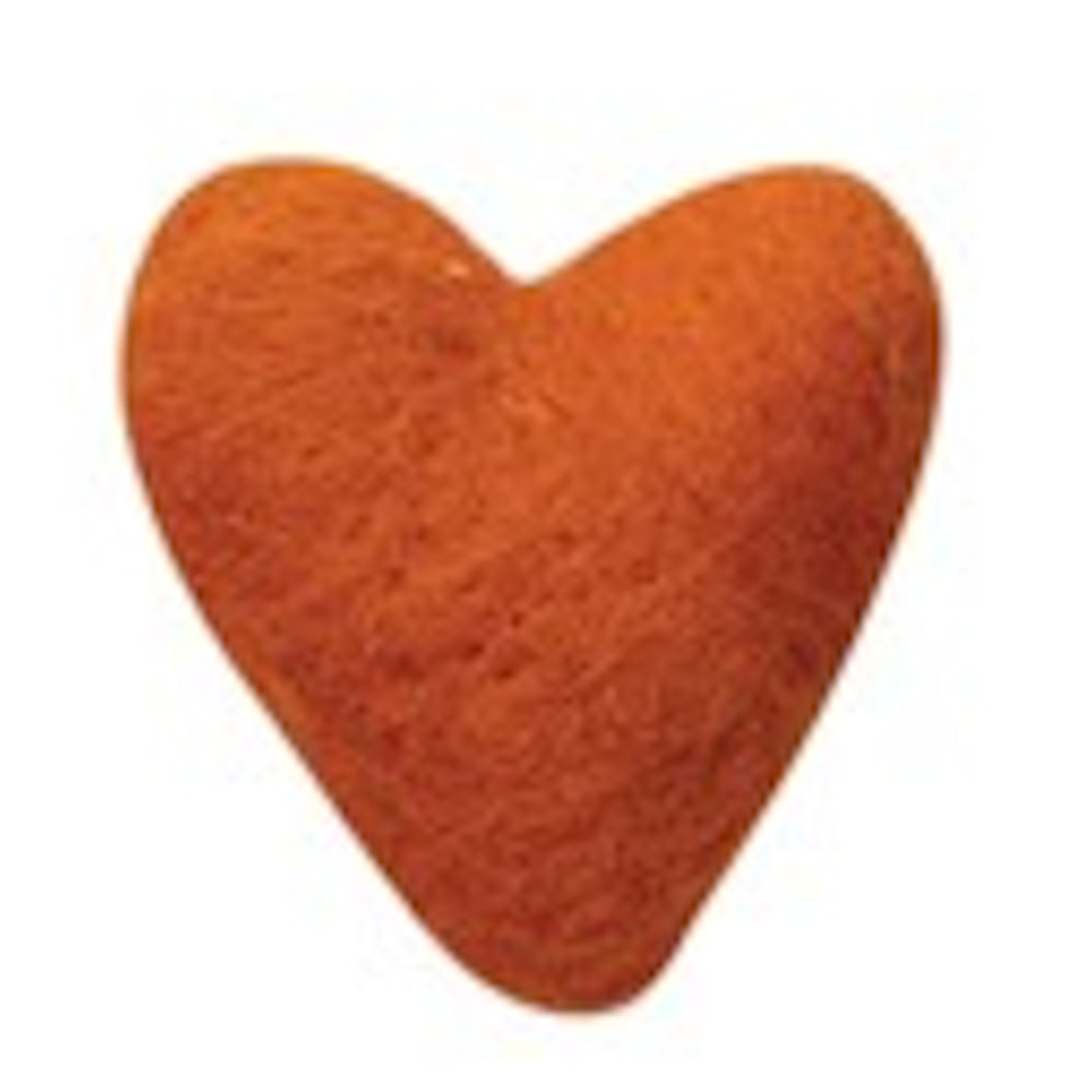 A small, orange, needle-felted wool heart with a fuzzy texture on a white background.