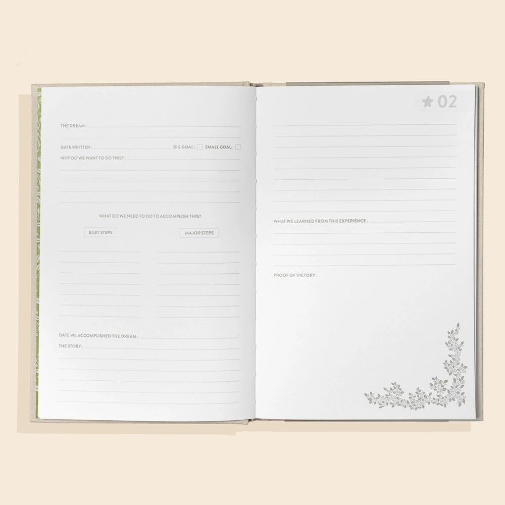 Open bucket list journal for couples showing blank pages with prompts for goals, steps, and reflection.