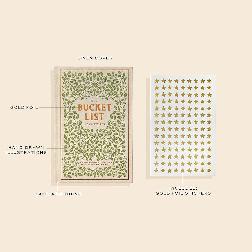 Our Bucket List Adventures journal with linen cover, gold foil, and hand-drawn illustrations next to gold star stickers.