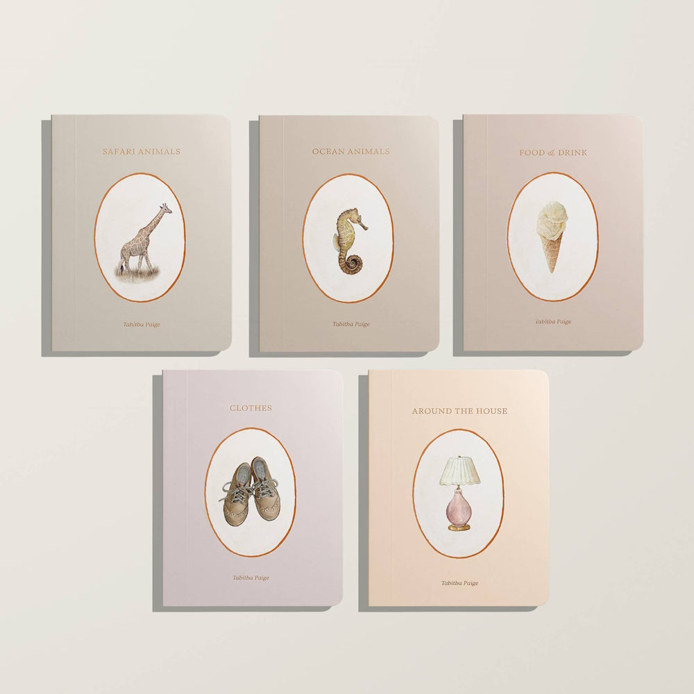 Five vocabulary board books by Tabitha Paige: Safari Animals, Ocean Animals, Food & Drink, Clothes, and Around the House.