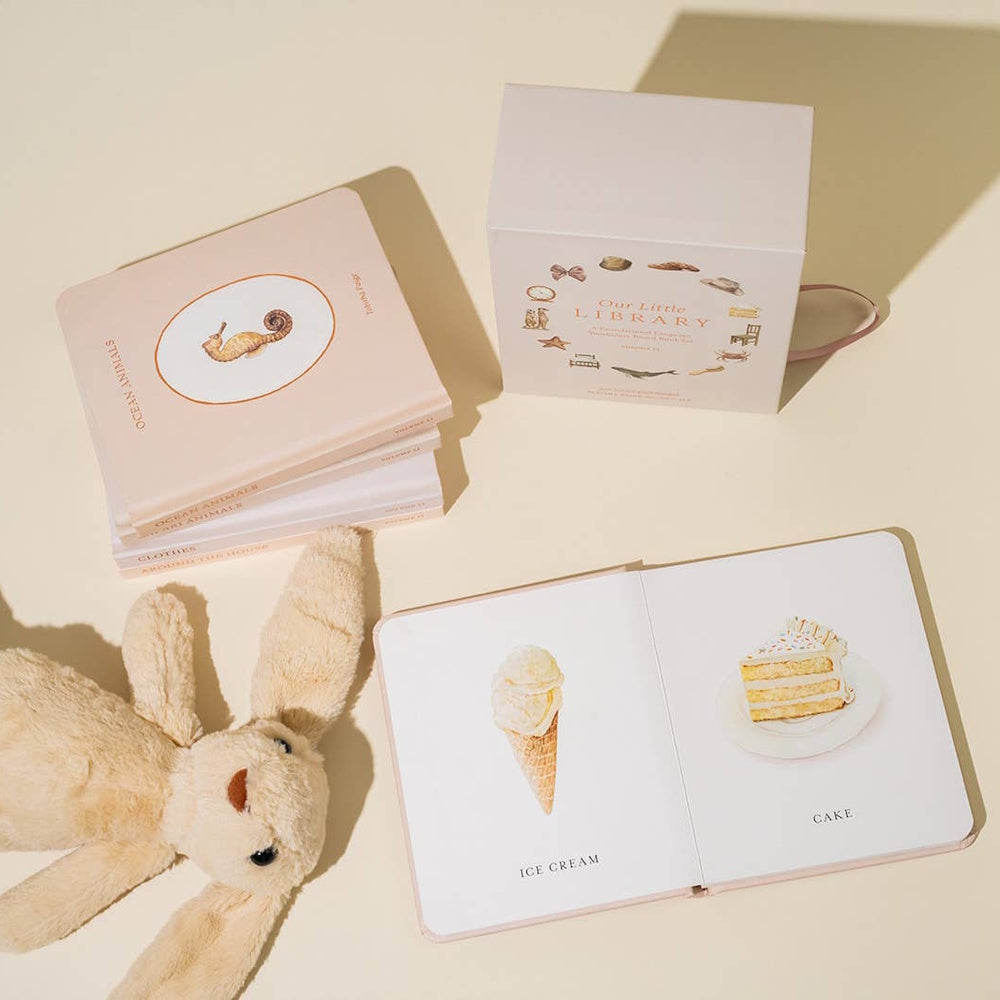 Our Little Library board book set with an open book showing ice cream and cake illustrations next to a plush bunny.