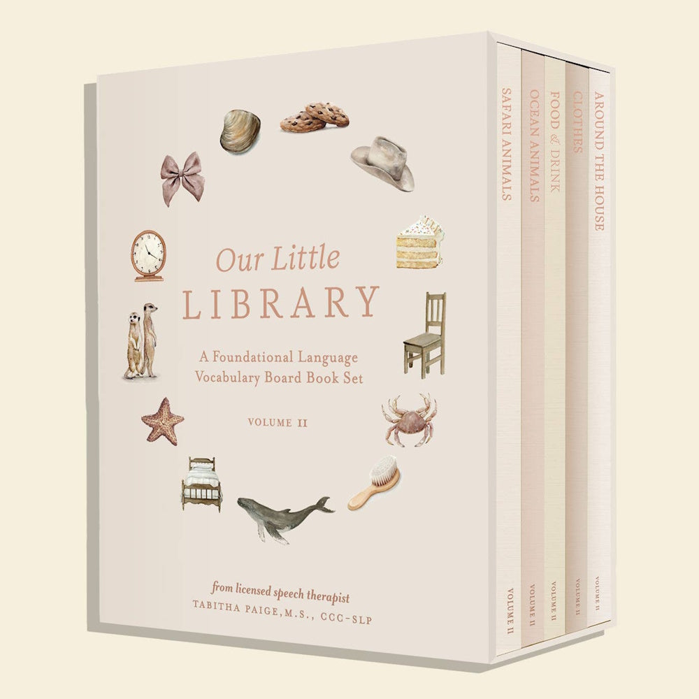 Our Little Library Volume II board book box set by Tabitha Paige featuring watercolor illustrations of animals and objects.