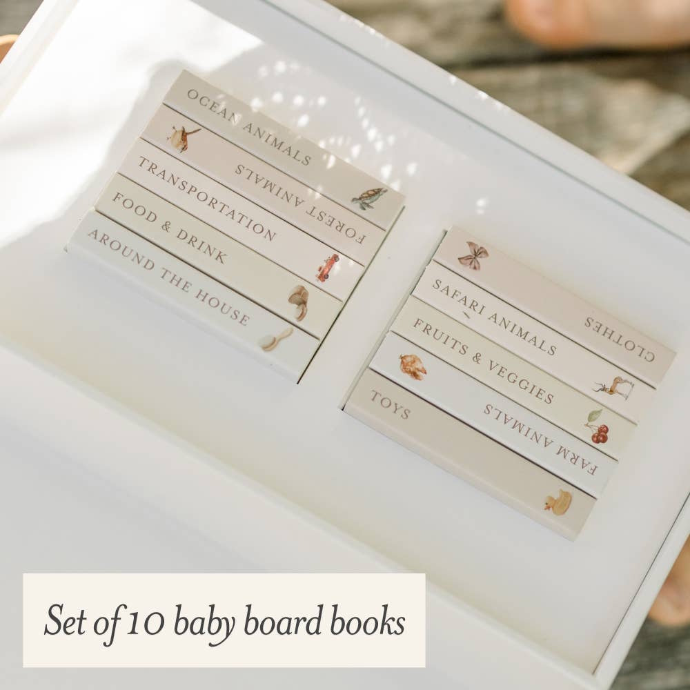 Set of 10 baby board books in a white box featuring themes like ocean animals, transportation, and safari animals.