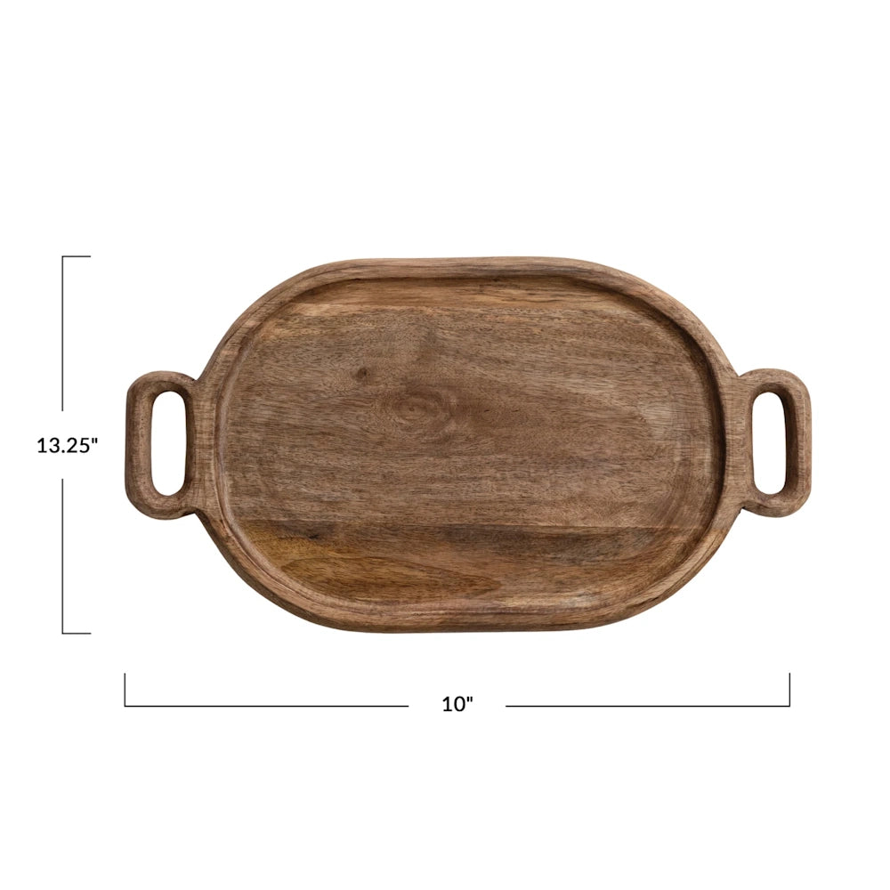 An oval wooden tray with side handles, labeled with dimensions of 13.25 inches long and 10 inches wide.