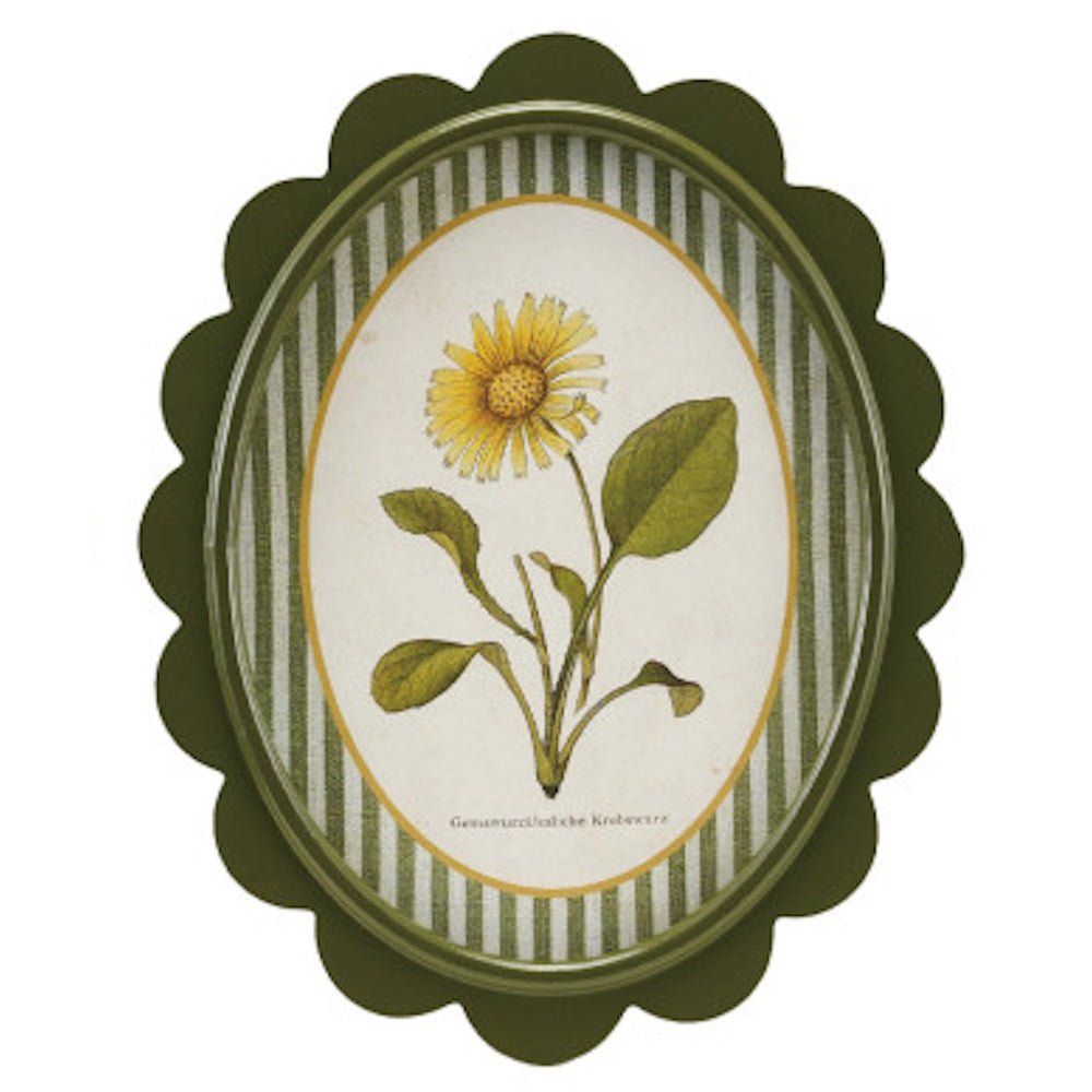 Oval scalloped green wall decor featuring a botanical yellow flower print on a striped green and white mat background.